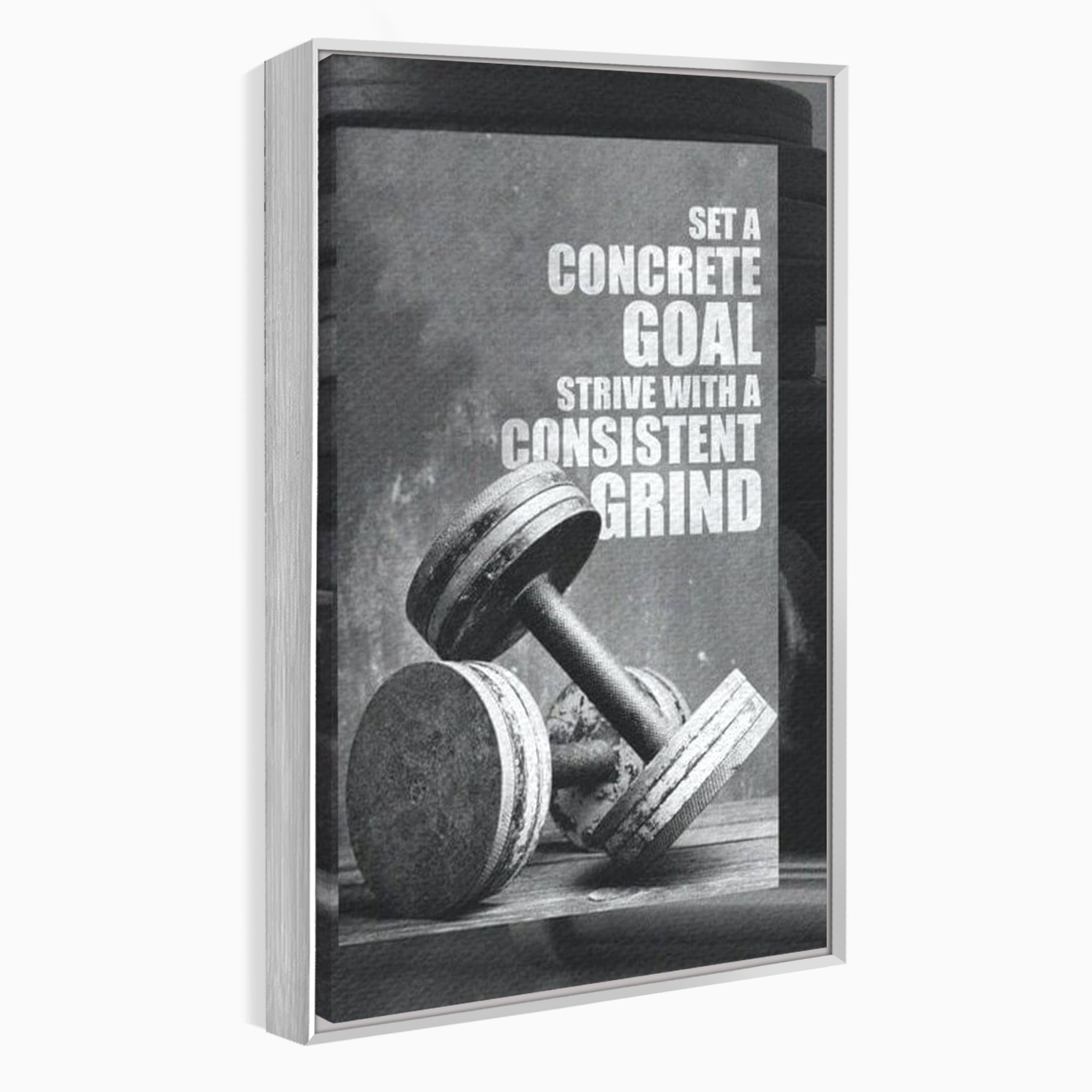Tablou canvas cu tablou motivational cu gantere si text, in rama de aluminiu argintiu
